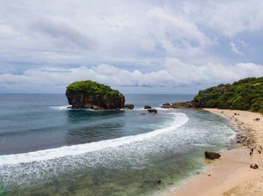 Sahilde ağaçların büyüdüğü ve dalgaların vurduğu Mercan Adası. Deniz suyu temiz ve mavi görünüyor.