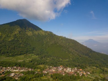 Üzerinde bulut olan ağaçların yoğun olduğu bir dağ. Andong Dağı, Orta Java, Endonezya