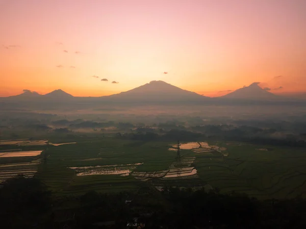 Drone Photo Sunrise Sky Mountains Rice Field Rural Landscape Indonesia — Fotografia de Stock