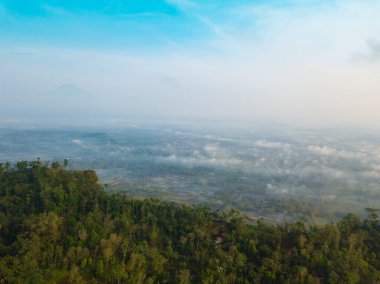 Sabahları ağaçların yoğunluğuyla kaplı, sisli hava koşullarıyla kaplı bir tepe. Menoreh Tepesi, Orta Cava, Endonezya