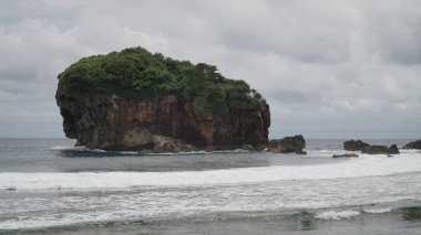 Sahilde ağaçlarla kaplanıp dalgaların vurduğu Mercan Adası. Jungwok Plajı, Yogyakarta, Endonezya
