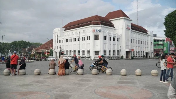 Titik Kilometer Yogyakarta Yang Berada Jalan Malioboro Gedung Bni Terlihat — Stok Foto