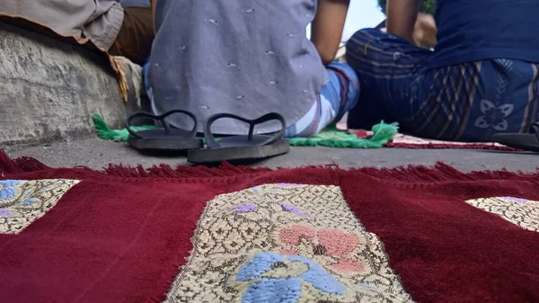Defocused Photo People Who Praying Eid Adha Praying Sholat Mosque — Stockfoto