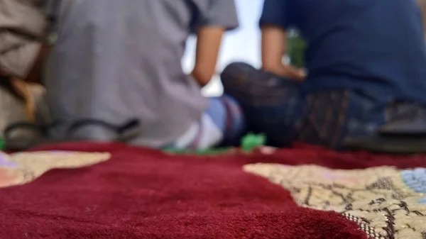 Defocused Photo People Who Praying Eid Adha Praying Sholat Mosque — Stockfoto