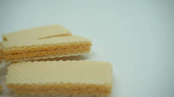 Tasty Wafer Sticks White Background Flat Lay Sweet Food — Foto Stock