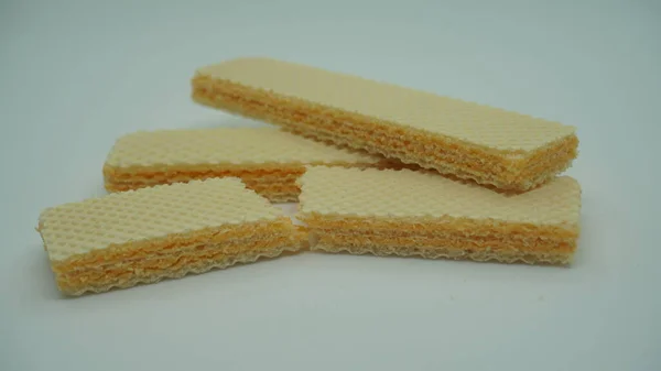 Tasty Wafer Sticks White Background Flat Lay Sweet Food — Stok fotoğraf
