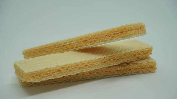 Tasty Wafer Sticks White Background Flat Lay Sweet Food — Photo