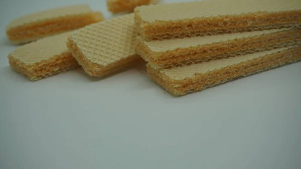 Tasty Wafer Sticks White Background Flat Lay Sweet Food — Stock Photo, Image