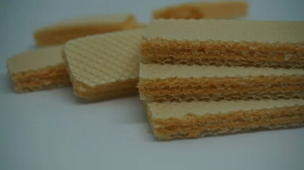 Tasty Wafer Sticks White Background Flat Lay Sweet Food — Stok fotoğraf