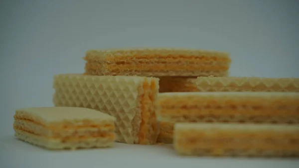 Tasty Wafer Sticks White Background Flat Lay Sweet Food — Zdjęcie stockowe