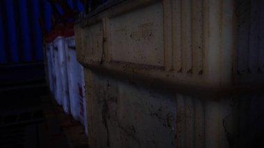 Magelang, Endonezya - 25 Temmuz 2022: Çevreye zararlı bir hurdalıkta geri dönüştürülmeyi bekleyen birçok kullanılmış araba aküsünün odaksız görüntüsü