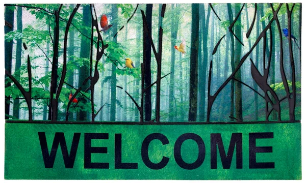 Beautiful Green Black Multicolor Outdoor Mat Trees Birds Welcome Text — стоковое фото
