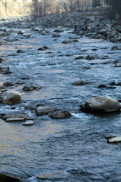 Piękny Pionowy Widok Naturalny Vyas Rzeki Kamienia Manali — Zdjęcie stockowe