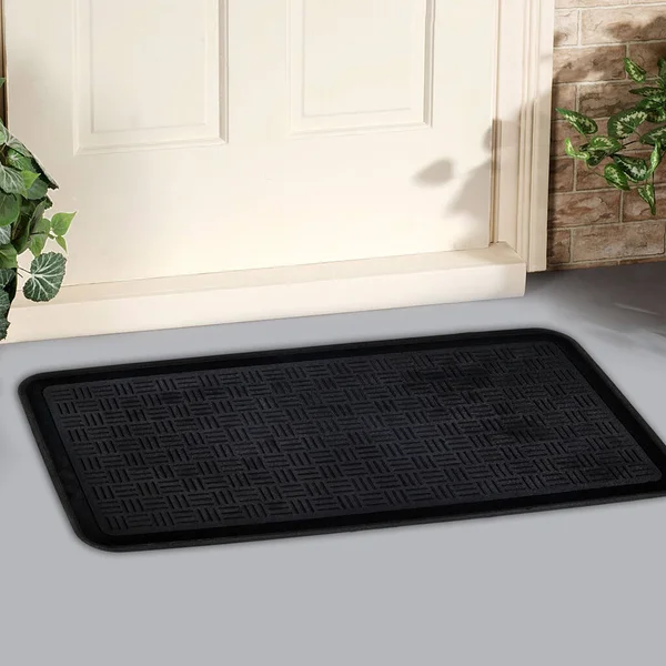 Classic Black Textured Rounded Corner rectangle Door mat outside home with yellow flowers and leaves