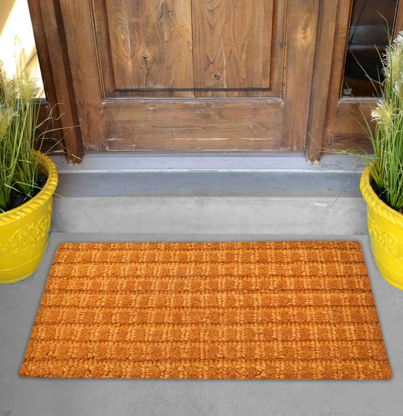 Beautiful Beige color Ruff Welcome zute doormat with Striped outside home with yellow flowers and leaves