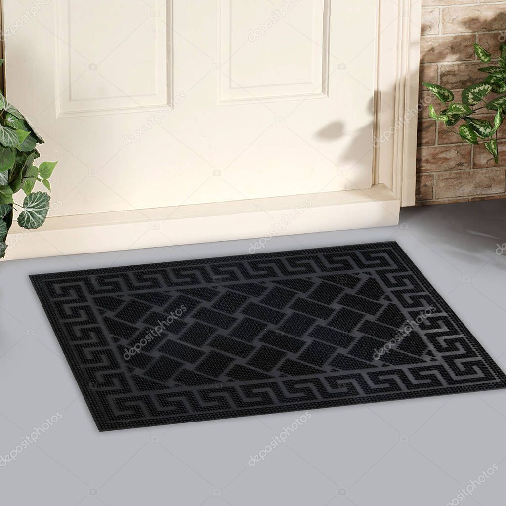 Black Stylish Zig Zag patterned with motif border welcome entry door mat outside home with yellow flowers and leaves