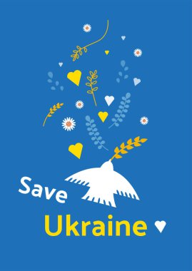 Ukrayna posterini destekleyin. Ukrayna bayrağı renkleriyle barış güvercini. Vektör illüstrasyonu, afiş, düz biçimli kavram.