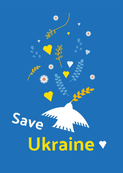 Support Ukraine poster. Peace dove with colors of the Ukrainian flag. Vector illustration, banner, concept in flat style.