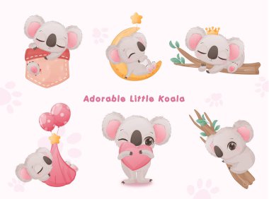 Çiçekli, suluboyalı şirin karalama hayvanları.