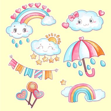 Suluboya bebek oyuncağı ve aksesuar çizimi. Doğanın bebek eşyaları.