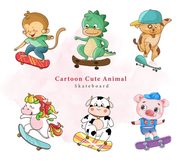 Cute Doodle Animals Floral Set Watercolor — Stock Vector