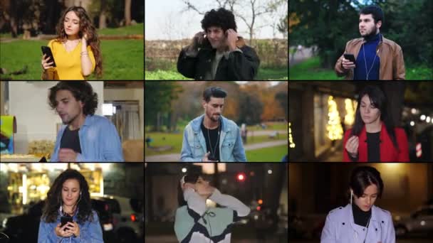 Σύνθεση Νέων Ανέμελων Ανθρώπων Που Ακούνε Μουσική Ακουστικά Στο Smartphone — Αρχείο Βίντεο