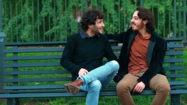 Δύο Φίλοι Μιλούν Ένα Παγκάκι Στο Πάρκο Και Άφιξη Ενός — Αρχείο Βίντεο