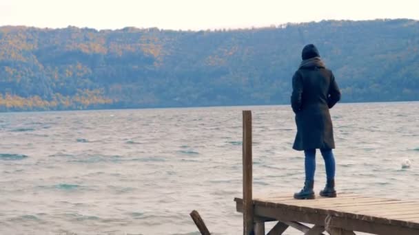 Mujer Negra Solitaria Embarcadero Mira Agua Del Lago Día Frío — Vídeos de Stock