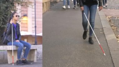 Körlük, özerklik - yan yana oturan ve yürüyen kör bir kadının görüntüleri