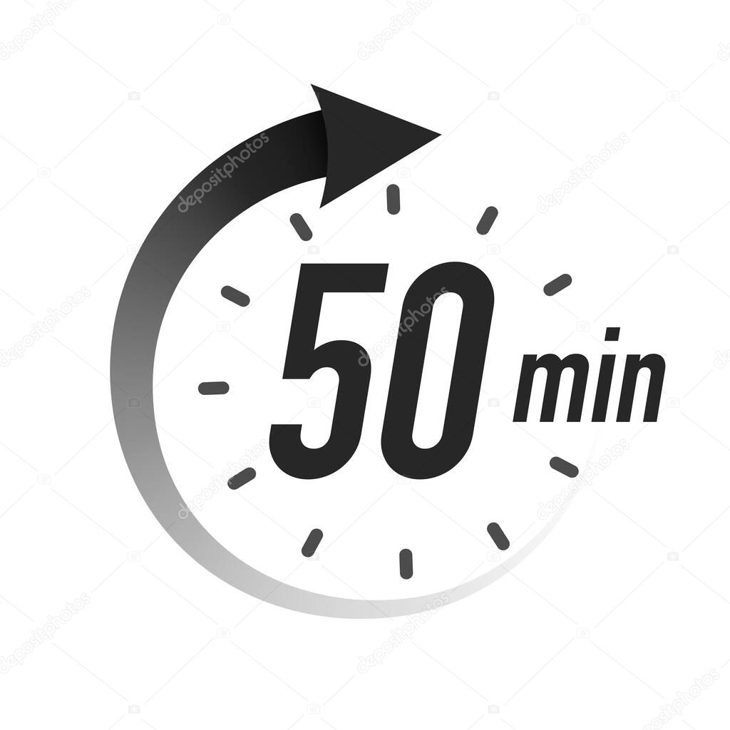 50 timer minutes symbol black style with arrow isolated on white background. Clock, stopwatch, cooking time label, sport icon. Vector 10 eps