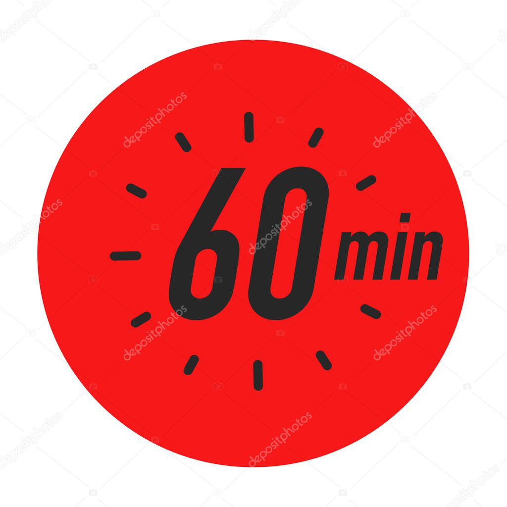60 minutes timer symbol red color style isolated on white background. 1 hour clock, stopwatch, cooking time label, sport icon. Vector 10 eps