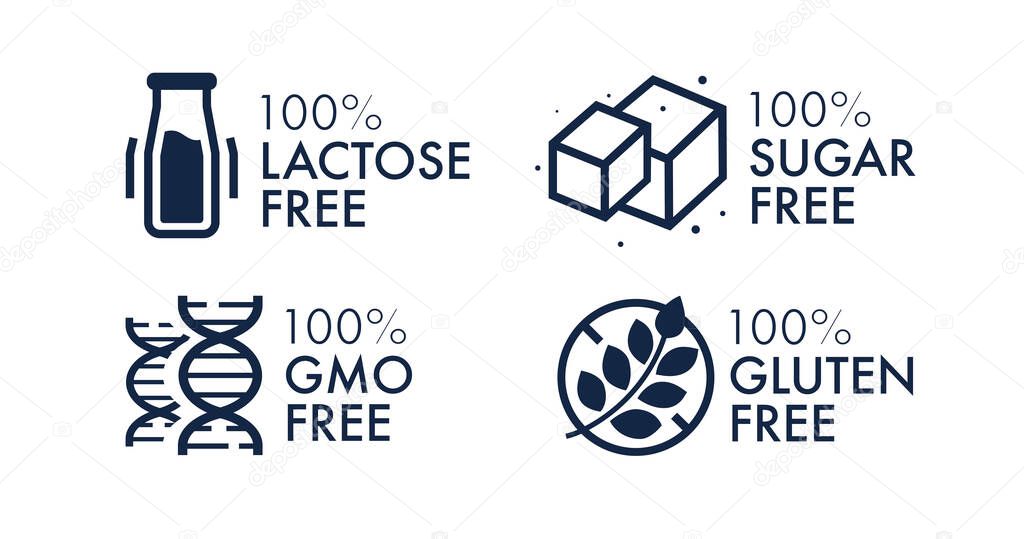 Lactose free, gmo free, sugar free, gluten free vector label set