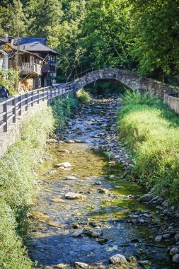Az suyu ve taş köprüsü olan bir nehir.