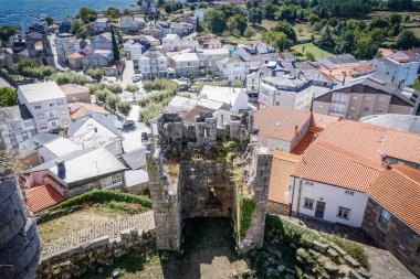 Arka planda siperleri ve köyü olan bir şatonun manzarası.