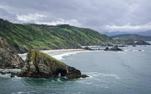 Panorama White Sand Beach Big Rocks Coast Galicia — Stok fotoğraf