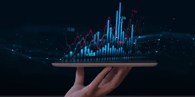 Man Hand Holding Tablet with Virtual Statistic Bars, social media marketing image, online marketing image