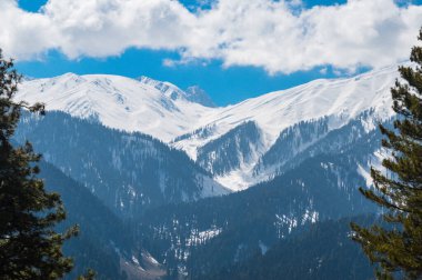 Himalaya mountain at Kashmir. Snow village at Gulmarg in India. Landscape of beautiful nature of Himalaya mountain at sky.