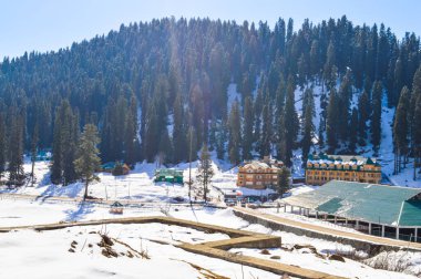 Himalaya mountain at Kashmir. Snow village at Gulmarg in India. Landscape of beautiful nature of Himalaya mountain at sky.