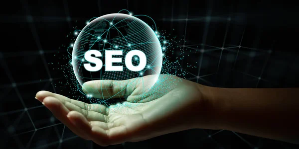SEO Search Engine Optimization, Woman holding a vitual sphare with text SEO, concept for promoting ranking traffic on website, optimizing your website to rank in search engines.