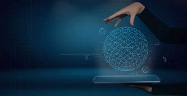 Концепция Голограммы Бизнес Человек Рука Показывает Виртуальный Глобус — стоковое фото