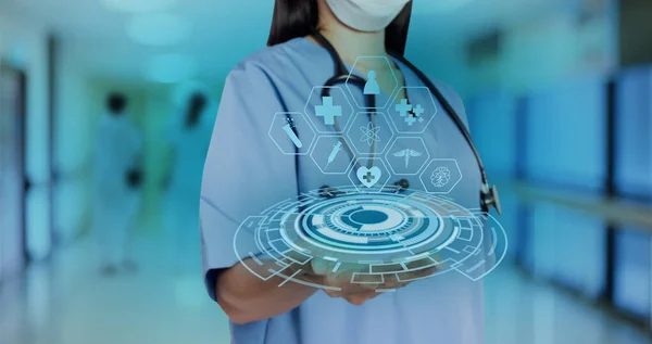 Doctor Shows Virtual Health Care Symbols Rendering Medical Images Health — Zdjęcie stockowe