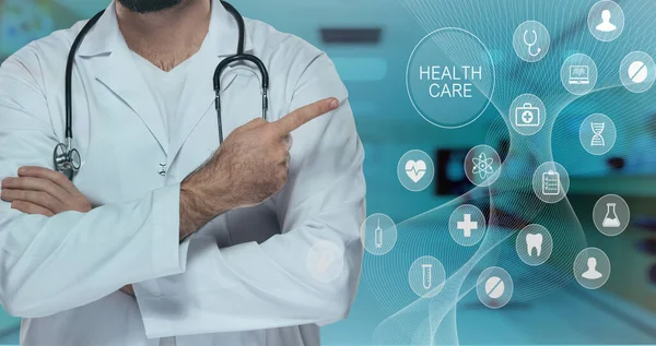 Doctor with the virtual health care symbols 3D rendering, medical images, health images
