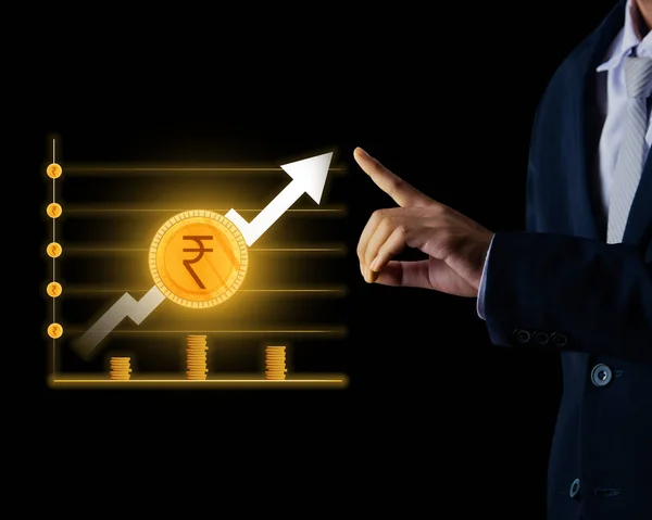 Businessman Touching Finance Graph Rupee Sign Home Loan Interest Rate — Foto Stock