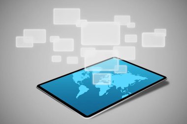 Akıllı tablet, ticaret, bankacılık ve iş imajı üzerinde mavi ekranla küresel iş ve iletişim kavramı