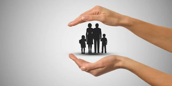Person holding protective hand on family icons, insurance concept