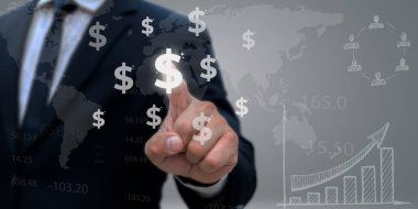 İşadamı bir dolar para birimi sembolü, bankacılık finans ve teknoloji kavramını işaret ediyor
