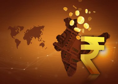 Hindistan haritası, sigortası, yatırımı ve ticaret geçmişi olan Hint rupisi sembolü, 3 boyutlu illüstrasyon