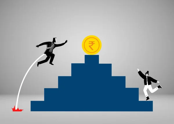 People running towards the golden coin on the ladder to success, business, banking and finance illustration