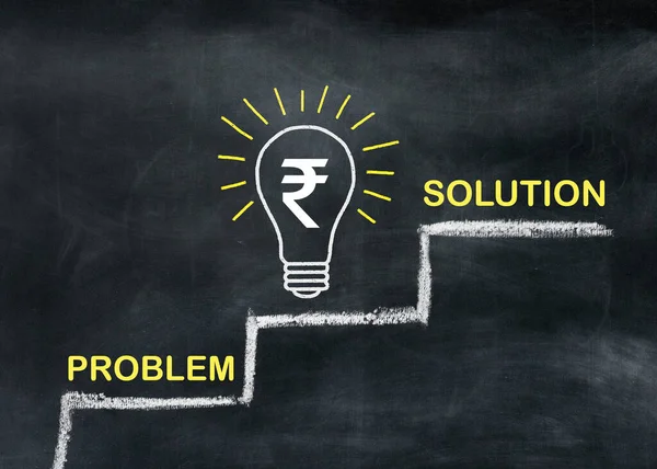 Problem and solution text are written on a blackboard with an idea bulb and rupee symbol, the concept of customer help and support
