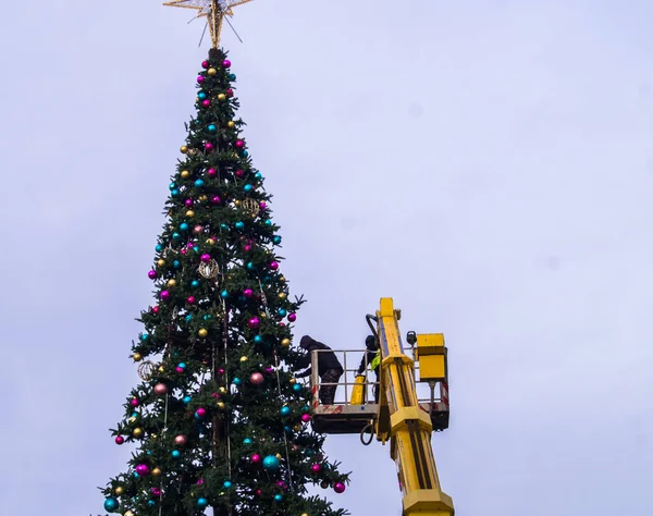 Christmas tree being assembled by person